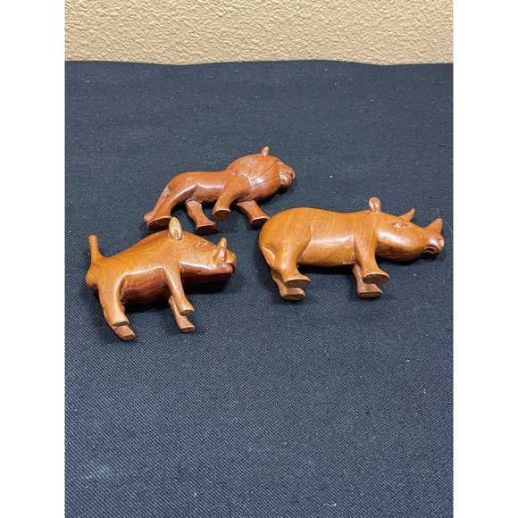 African Hand Carved Wooden Animals Safari Rhino Lion And Hog - Picture 1 of 8